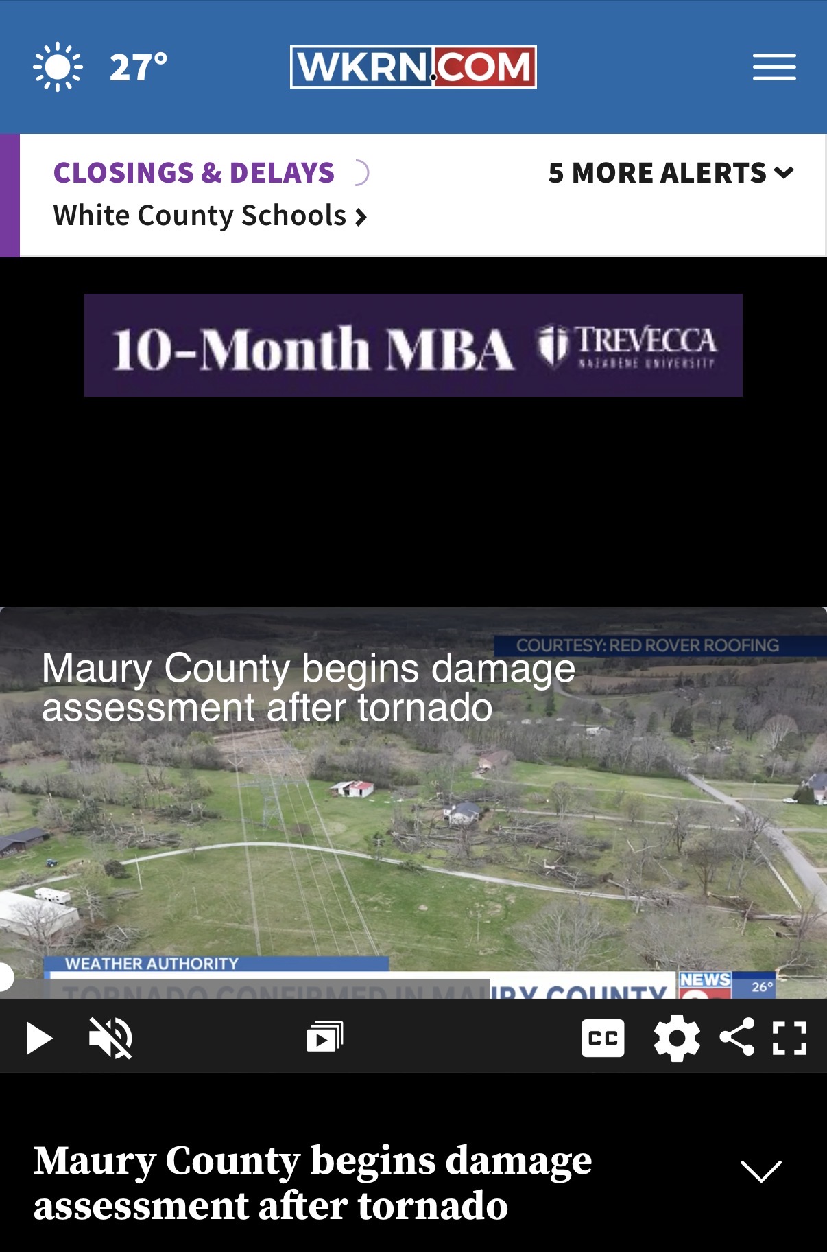 Aerial storm damage photography by Red Rover Roofing showing tornado damage in Maury County, March 2026