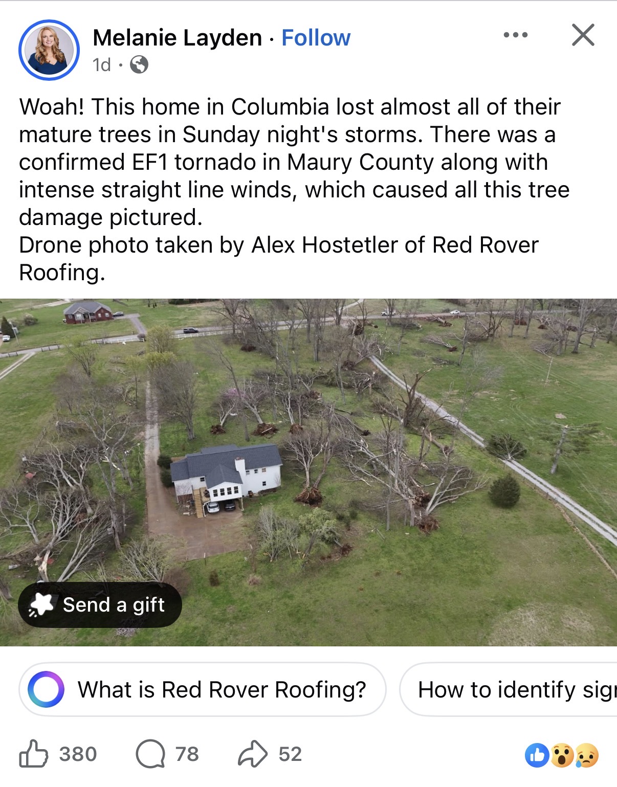 WSMV meteorologist Melanie Layden Facebook post featuring Red Rover Roofing drone photo of Columbia Tennessee EF1 tornado damage March 2026